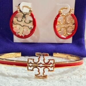 Tory Burch Britten Gold with Red Enamel Bracelet and Hoop Earring Set + dust bag